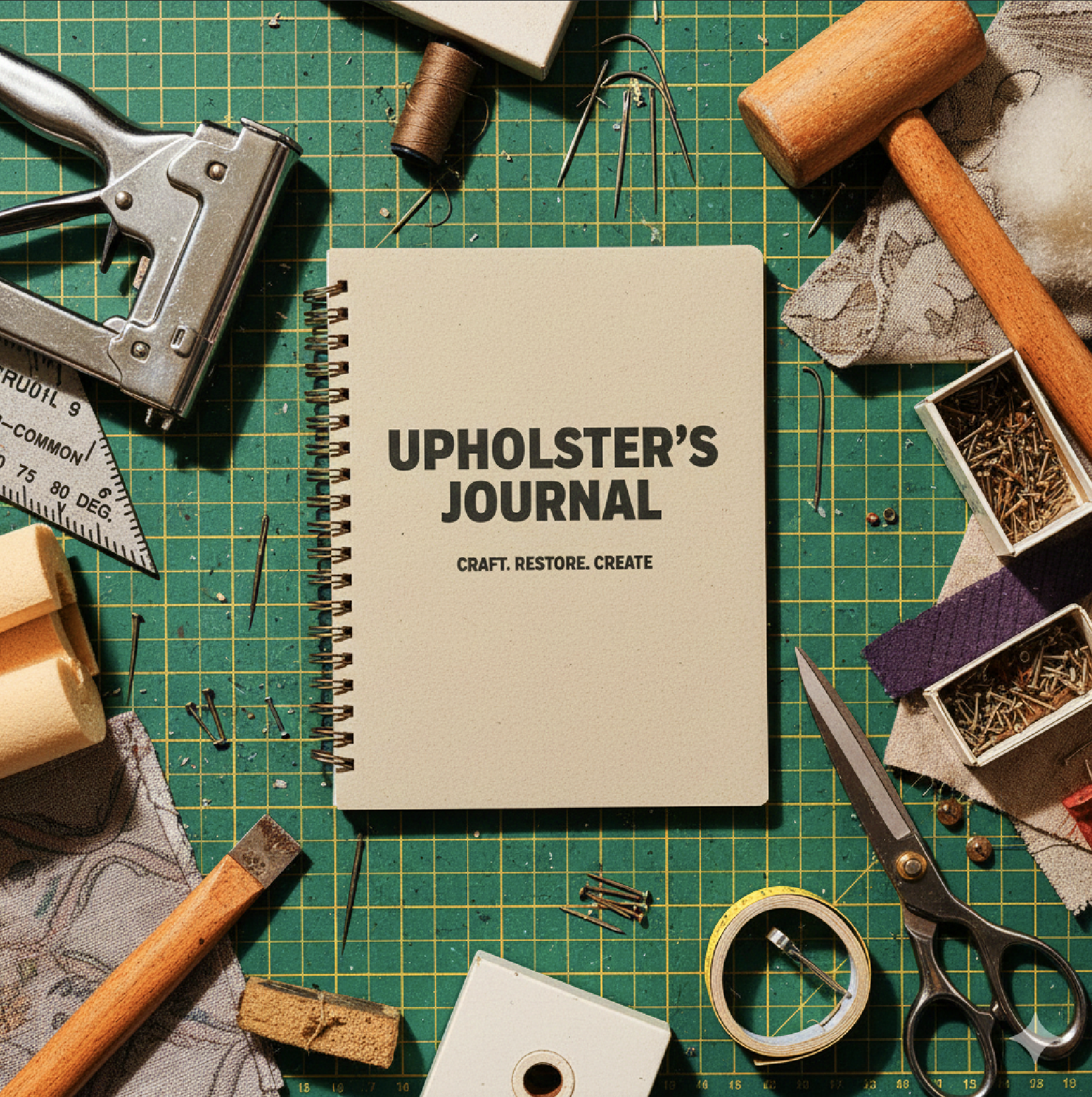Upholsterer’s journal on a cutting mat surrounded by tools